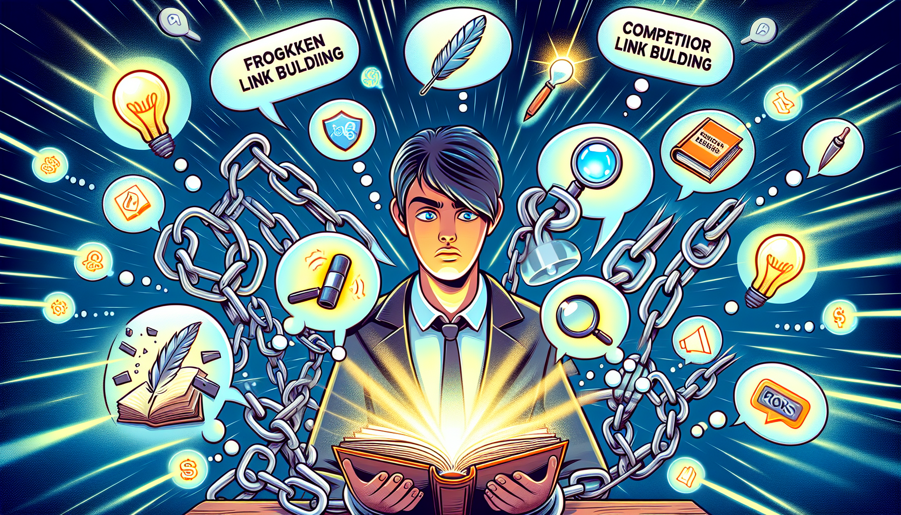 Cartoon of a person brainstorming link acquisition strategies